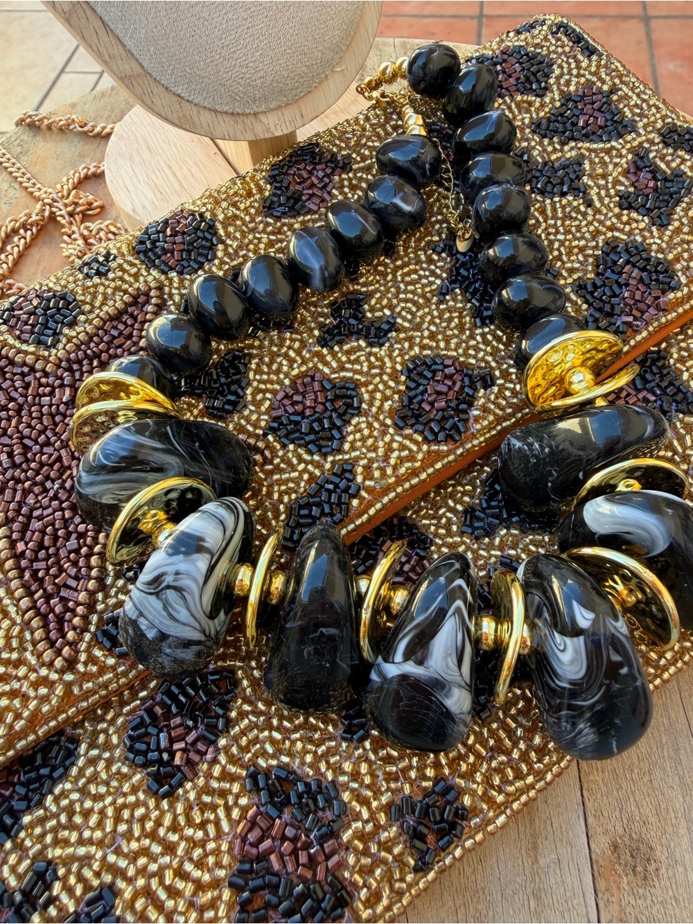Black & Gold Statement Necklace + Leopard Beaded Clutch Set
